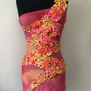 Vintage Y2K Ema Savahl Art Pink and Orange  One Shoulder Dress